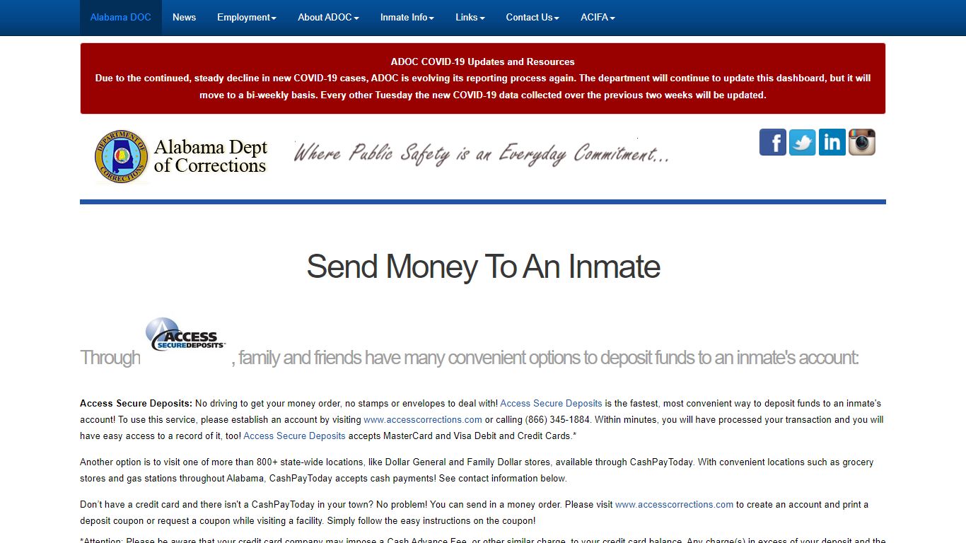 Send Money To An Inmate - Alabama Department of Corrections