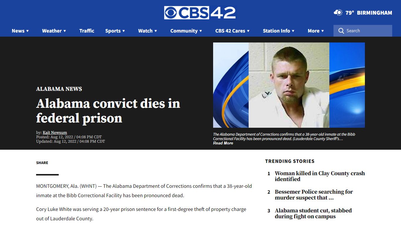 Alabama convict dies in federal prison - cbs42.com